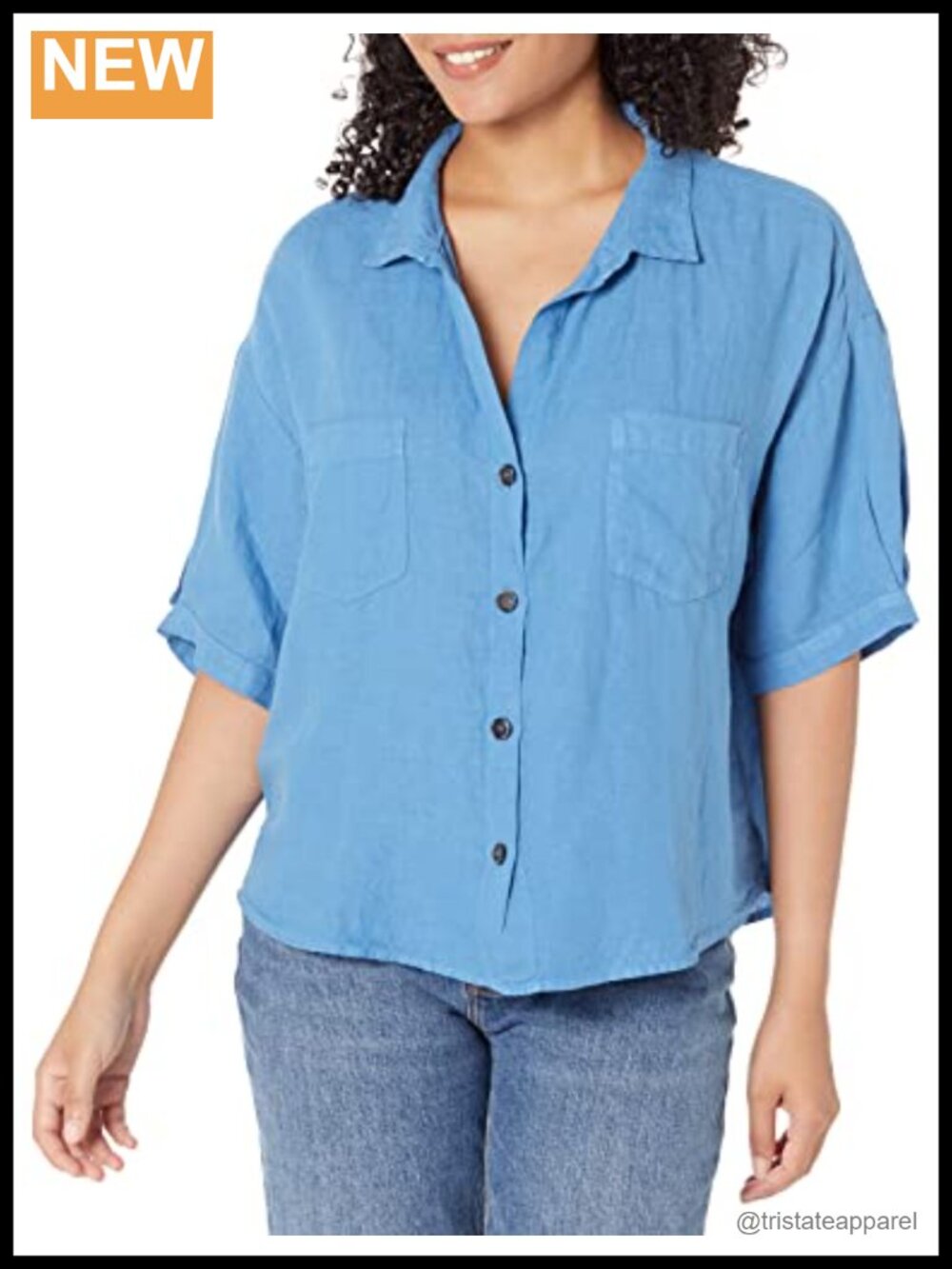 100% Linen Button Up Blouse Double Chest Pockets